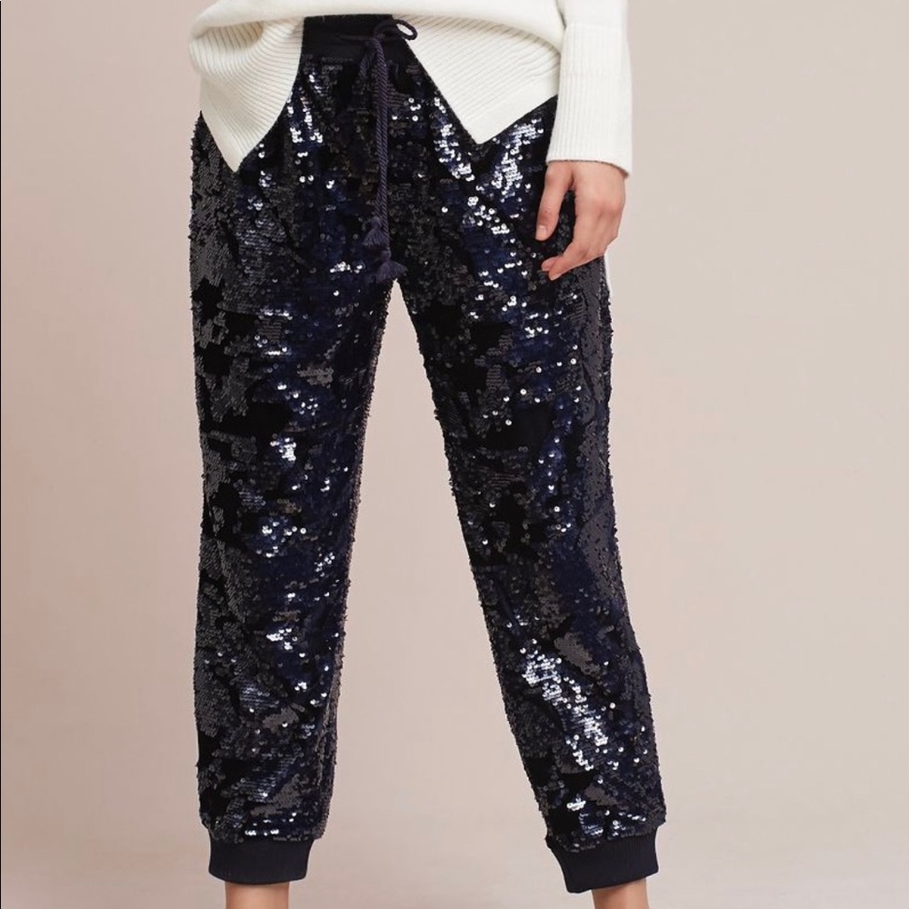 Anthropologie blue velvet sequin jogger. XSmall